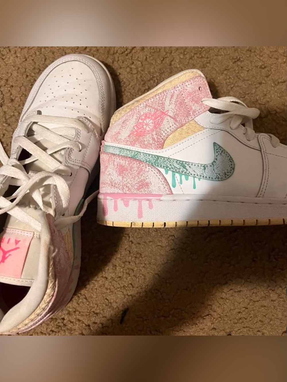 Jordan Women’s White Sneakers with Pink, Teal & Yellow Accents